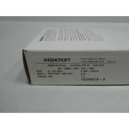 Ashcroft ASHCROFT 35-1009-AW-02L-30 DURALIFE 3-1/2IN 1/4IN 0-30PSI NPT PRESSURE GAUGE 35-1009-AW-02L-30
